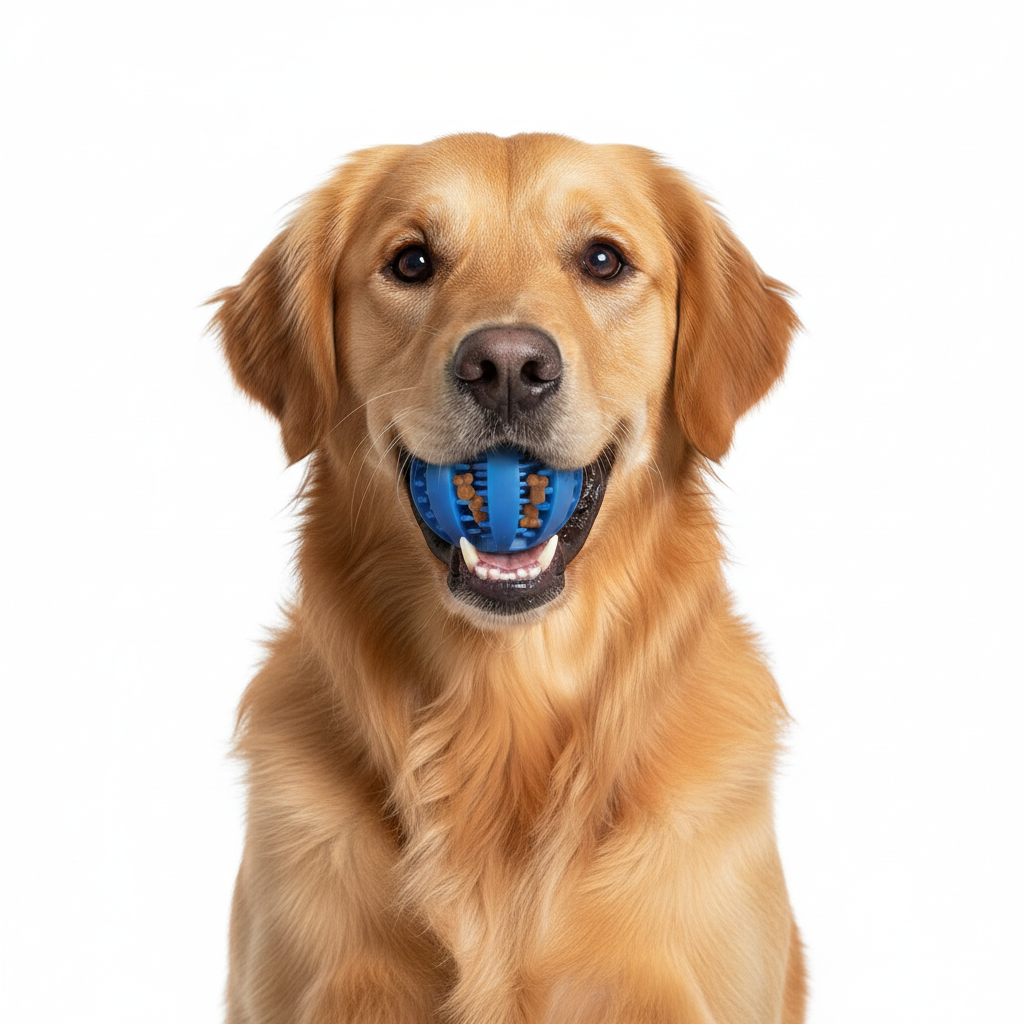Blue treat-dispensing ball with dog - exact match